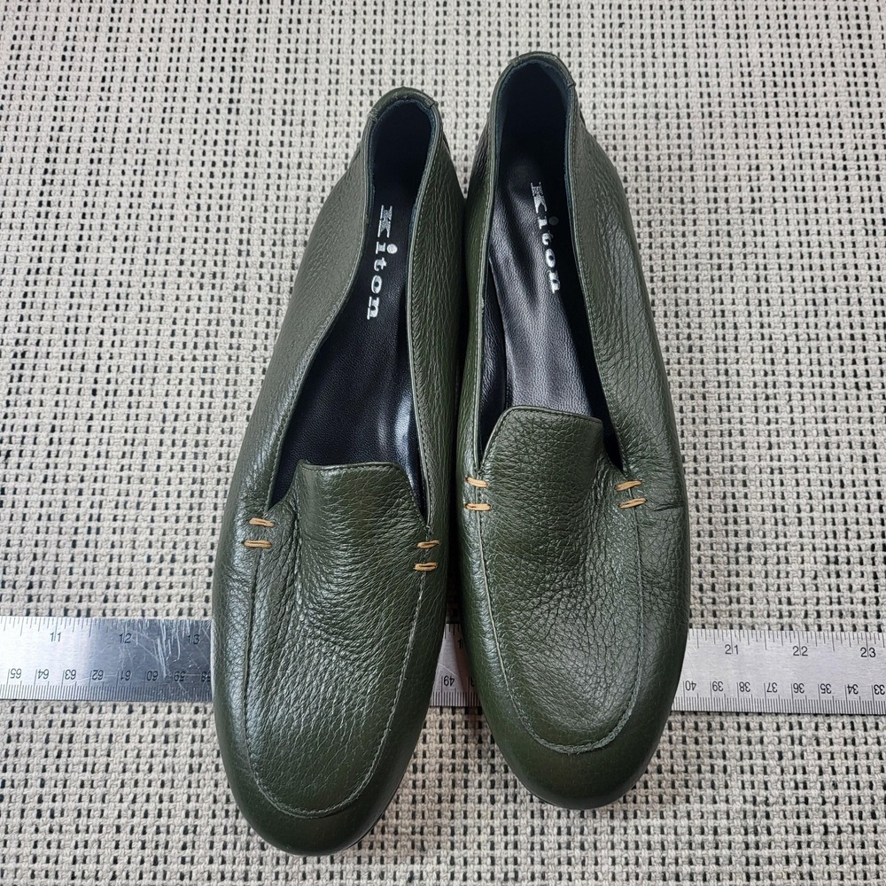 Kiton Shoes Womens Size 8.5 Green‎ Leather Loafer Flats Slip On Round Toe